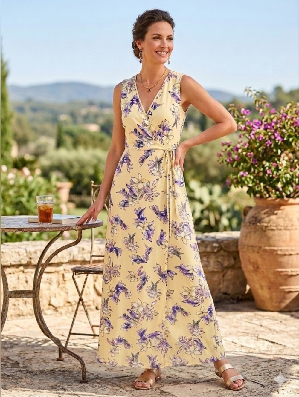 Nina Leonard Yellow Purple Floral Faux Wrap Maxi Summer Sun Dress- Size Small